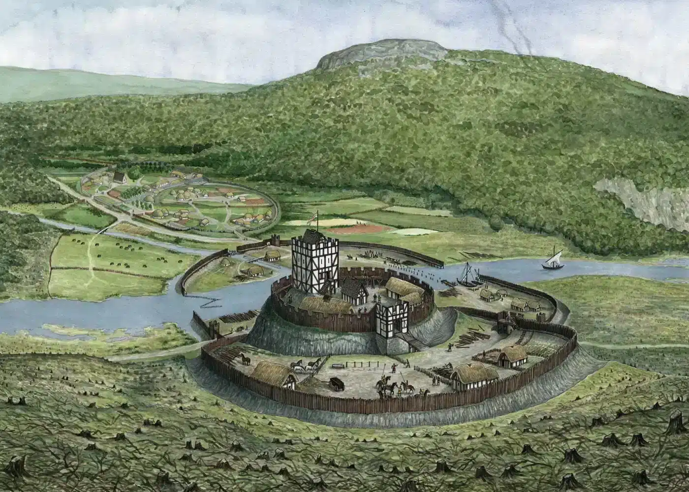 Illustrated reconstruction of a medieval motte-and-bailey castle in Enniscorthy, with surrounding wooden palisades, village buildings, farmland, and the River Slaney set against a large wooded hill.