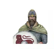 Illustration featured in Enniscorthy Castle, of a medieval warrior from the MacMurrough-Kavanagh dynasty, shown wearing a helmet and cloak and holding a round shield decorated with a red animal emblem.