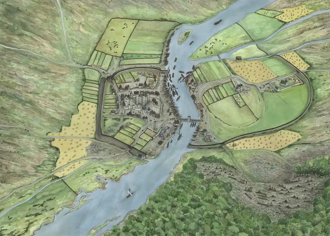 Illustrated aerial view of medieval Enniscorthy, showing the River Slaney, surrounding farmland, clustered town buildings, and a bridge linking both sides of the settlement.