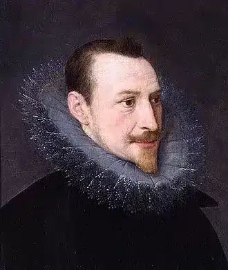 Portrait painting of poet Edmund Spenser, wearing a short beard, dark garment and a large lace ruff collar.