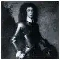 Black and white image of portrait painting, featured in Enniscorthy Castle, of Henry Wallop in period armour, shown standing with long curly hair and a hand resting on his hip.