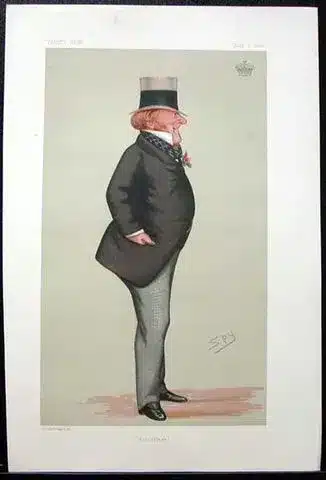 Caricature, featured in Enniscorthy Castle, of a well-dressed man in a top hat and long coat standing in profile with a pronounced posture on a plain background.