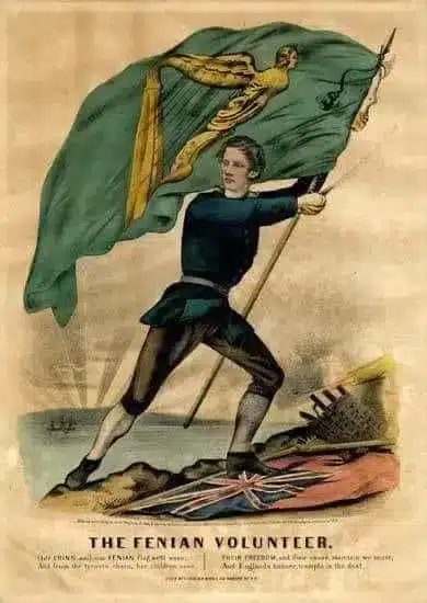 Illustrated poster titled The Fenian Volunteer, showing a man standing on a fallen British union flag, while raising a large green banner featuring a golden harp.