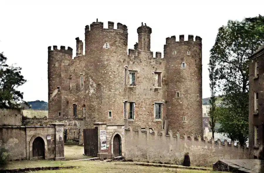 1950s photograph showing view of Enniscorthy Castle, its tall round towers, stone walls and enclosed courtyard, with trees and adjoining buildings nearby.