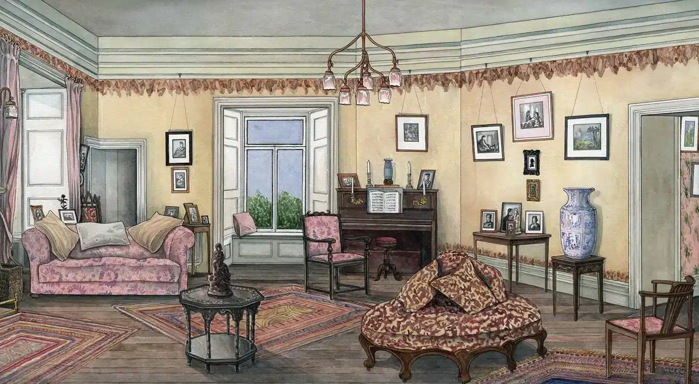 Colour Illustration of Enniscorthy Castle drawing room with patterned furniture, rugs, framed pictures on the walls and a piano beneath a central window.