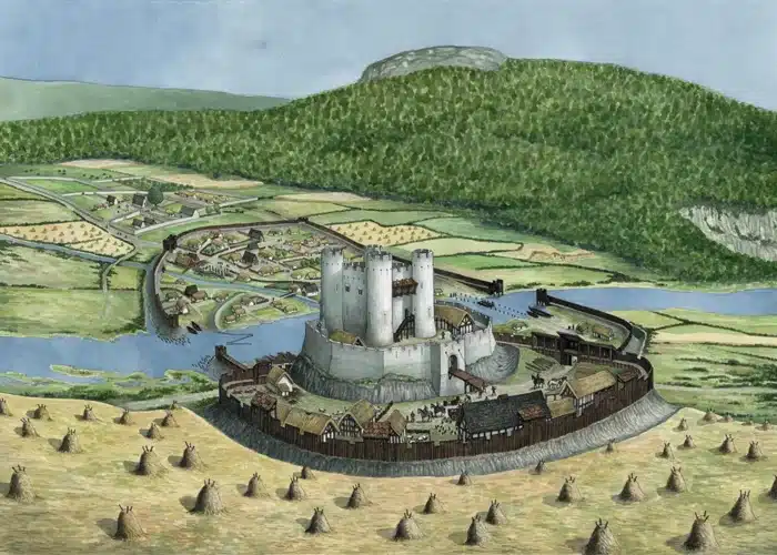 Illustrated reconstruction of medieval Enniscorthy, showing a fortified castle with surrounding wooden palisades, village buildings, farmland, the River Slaney and a wooded hillside.