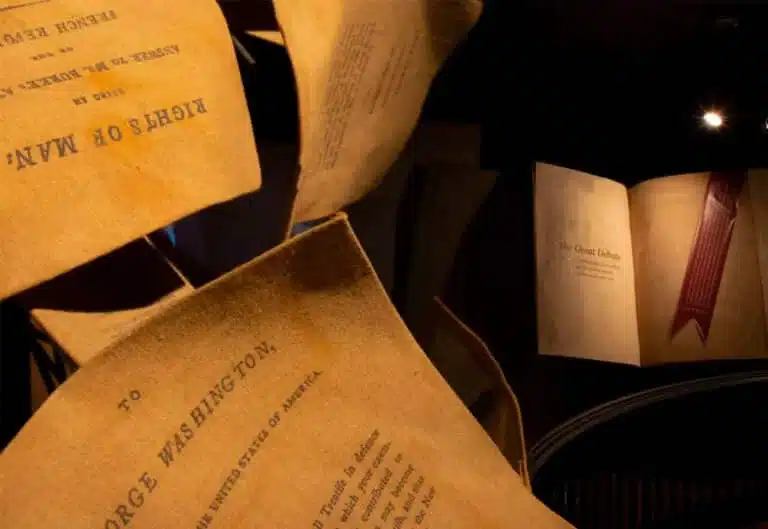 Display of historic documents and open books with aged pages and printed texts relating to George Washington and to the Rights of Man, featured at the National 1798 Rebellion Centre, Enniscorthy.