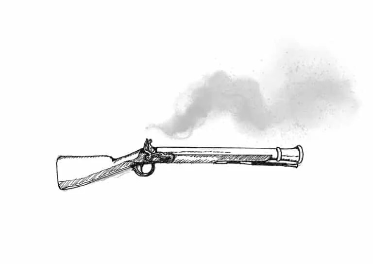 Hand-drawn illustration of a musket with smoke rising from its barrel.