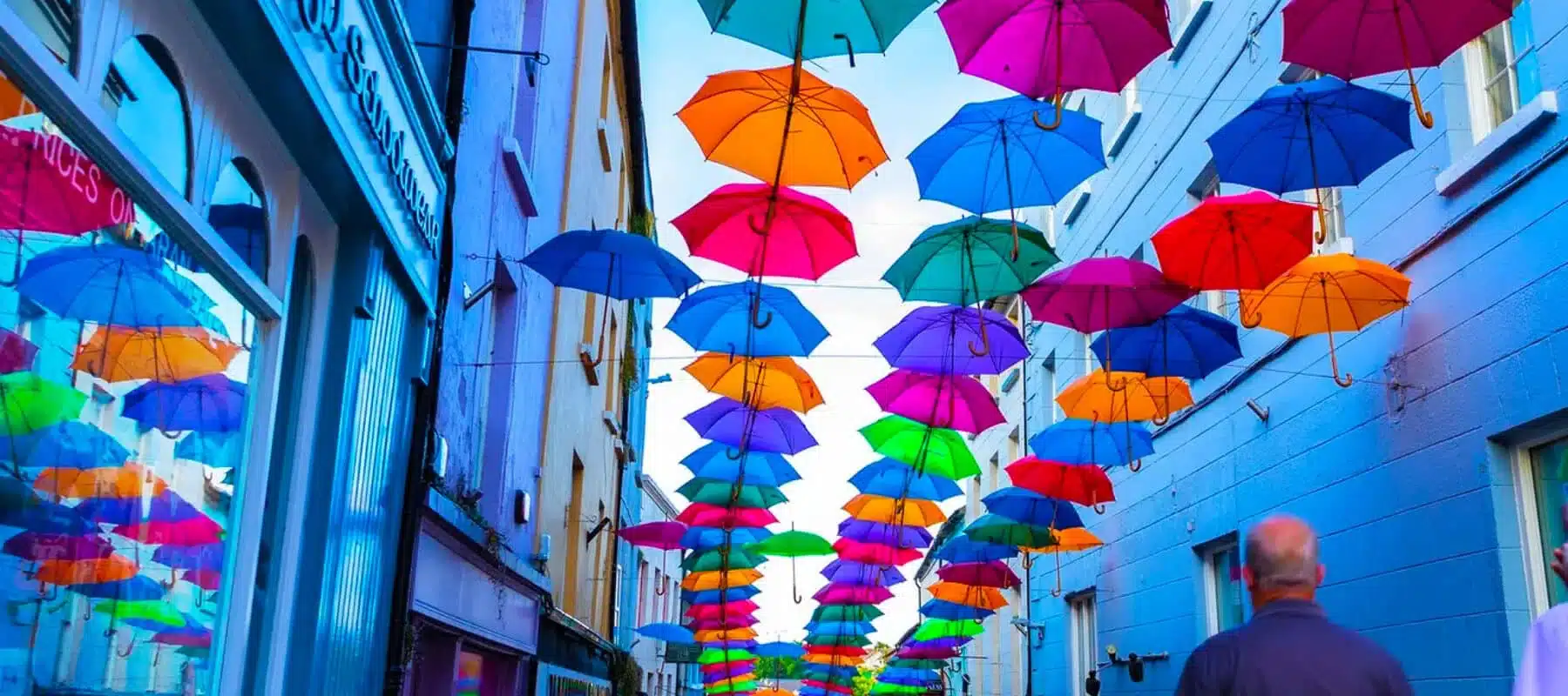 Colourful umbrellas suspended above a narrow street in Enniscorthy, creating a overhead display as people walk below.