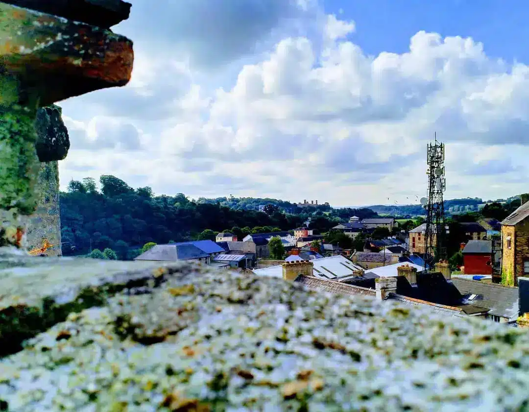 View from Enniscorthy Castle looking over the town’s rooftops toward distant hills under a bright, cloudy sky.