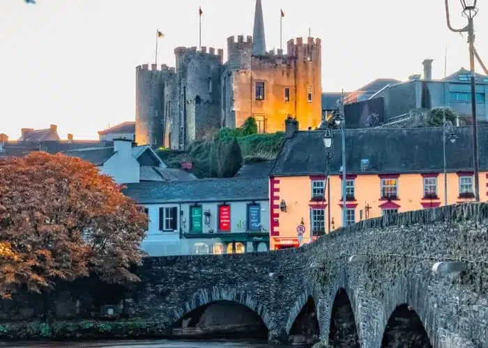 Enniscorthy Castle illuminated at dusk above colourful town buildings, with the historic stone bridge in the foreground.